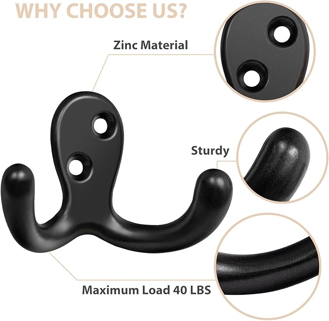 10 Pack Coat Hooks, Heavy Duty Double Prong Coat Hooks Wall Mounted with 20 Screws, No Rust Black Metal Wall Hooks for Hanging Towel, Coat, Bag, Hat, Cup, Key