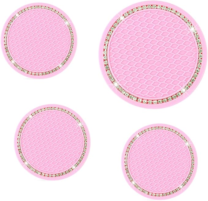 Car Coasters for Cup Holders, 2.75 Inch Auto Cup Holder Insert Coasters Silicone Anti-Slip Crystal Rhinestone Cute Drink Car Cup Mat, 4PCS Bling Car Accessories for Women & Lady (Pink)