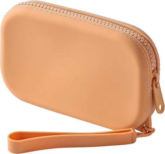 JOVAKIT Small Portable Silicone Makeup Bag for Women, Travel Waterproof Toiletry Cosmetic Bag Gifts for Women, Zipper Closure Makeup Case with Handle (Light Brown)