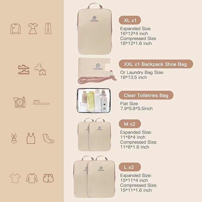 PFEYRPK Lightweight Compression Packing Cubes for Suitcases, Compressible Expandable Travel Packing Organizer with Clear Toiletry Bag and Backpack Bag, Travel Essentials for Carry-on Luggage, 7-Piece Set