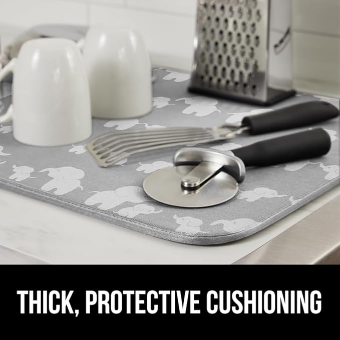 GORILLA GRIP Ultra Water Absorbent Microfiber Dish Drying Mat, 18x24, Quick Dry Thick Mesh, Slip Resistant Pad for Sink Dishes or Under Rack, Kitchen Counter Accessories, Machine Wash Mats, Elephants