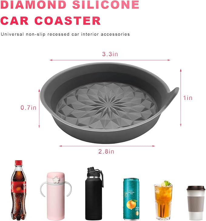 4 PCS Car Cup Holder Coasters, 2.75 Inch Anti-Slip Insert Silicone Car Coaster Drink Mat, Shockproof Universal Auto Cup Coasters for Most Vehicles, Car Interior Accessories (Gray)