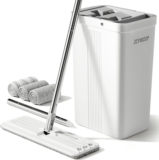 JOYMOOP Mop and Bucket Set, Flat Mop for Household & Commercial Floor Cleaning, Wet Dry Wall Cleaner with Long Handle, Hardwood Floor – Includes 3 Microfiber Pads