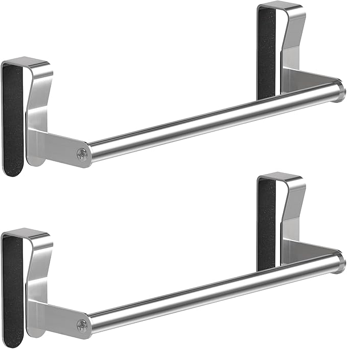 Over Cabinet Towel Holder, 2 Pack Kitchen Cabinet Door Towel Bar, Stainless Steel Over the Cabinet Dish Towel Rack for RV, Brushed Nickel