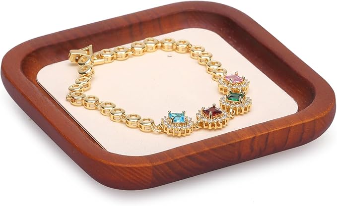 Wooden Jewelry Display Tray Rounded Rectangle Ring Showcase Stackable Elegant Bracelet Watch Jewelry Organizer for Personal Use and Commerce (Old Lace, Small-W 3.9'' x H 0.6'' x L 3.9'')