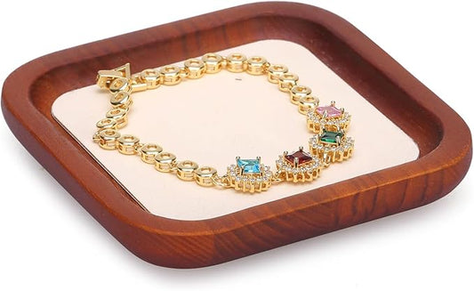 Wooden Jewelry Display Tray Rounded Rectangle Ring Showcase Stackable Elegant Bracelet Watch Jewelry Organizer for Personal Use and Commerce (Old Lace, Small-W 3.9'' x H 0.6'' x L 3.9'')