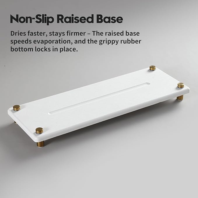 White Gold Dish Drying Rack Tray, Water Absorbing Stone Sink Caddy Kitchen Sink Organizer, Diatomite Bathroom Counter Faucet Mat Coaster, Soap Riser Dispenser Sponge Holder, White 12.5" x 4.5"