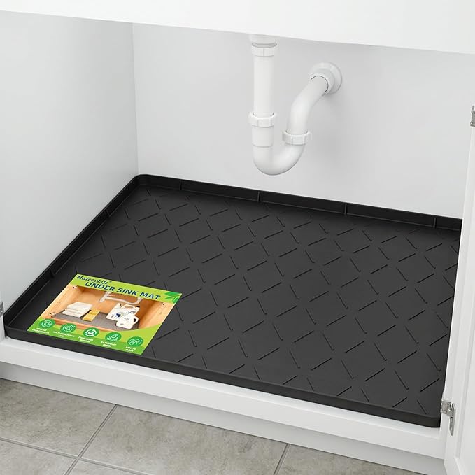 Mateeylife Under Sink Mats for Kitchen Waterproof 31"X22", Undersink Protectors，Silicone Mat Cabinet Liner, Under Sink Organizer for Bathroom and Kitchen，Boot Tray Pet Food Mat, Classic Black