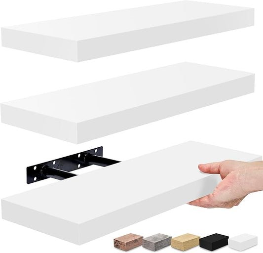 Sorbus Floating Shelves for Wall - Set of 3 White Wood Wall Shelves for Living Room, Kitchen, Bedroom, Bathroom Storage - 16" Book Shelf for Wall Decor, Home Decor, Farmhouse, Frames & Trophy Display