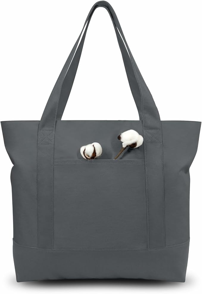 TOPDesign 1-Pack Canvas Tote Bag with an External Pocket, Reusable Grocery Shopping Bag, Top Zipper Closure, Daily Essentials (Grey)