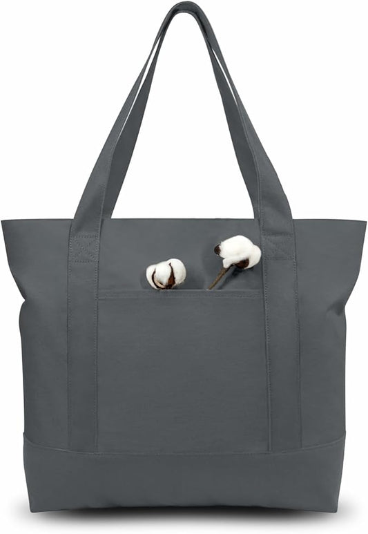 TOPDesign 1-Pack Canvas Tote Bag with an External Pocket, Reusable Grocery Shopping Bag, Top Zipper Closure, Daily Essentials (Grey)