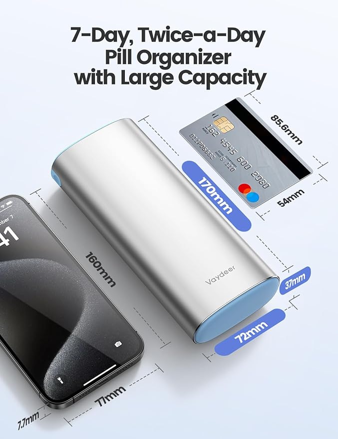 Vaydeer Metal 7 Day Pill Organizer 2 Times a Day – AM PM Weekly Travel Pill Case with Moisture-Proof Desiccant, Airtight Large Capacity Pill Box for Vitamins, Medications & Supplements (Silver)