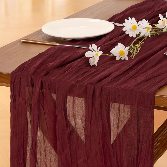 Socomi 2pcs Burgundy Red Summer Cheesecloth Table Runner Boho Rustic Gauze 120 inch 10FT Cheese Cloth Sheer Runner for Wedding Party Baby Shower Birthday Home Decor Holiday Decorations