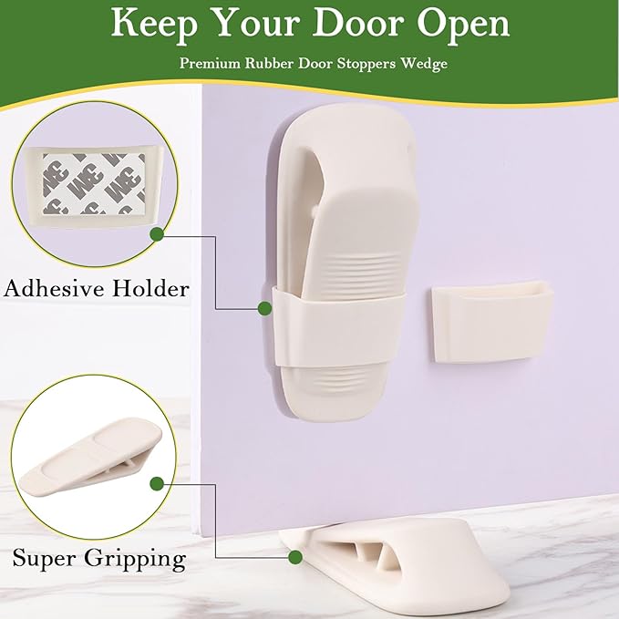 Fursafe&Q Rubber Door Stoppers for Bottom of Door, Door Stop Wedge with Holder, Heavy Duty Doorstops 2 Pack, Wall Protector for Home & Office & School & Commercial Doorstop Keep Open Stack White