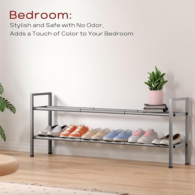 Bumusty 2-Tier Long Expandable Shoe Rack for Closet, 18"-44" Adjustable Shoe Rack for Entryway, 10-12 Pairs Large Shoe Organizer Shelf Storage, Sturdy Metal, Light Grey