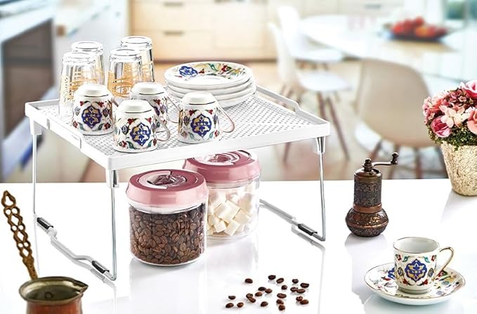 ums Kitchen Shelves Cabinet Organizer, Stackable Freezer Rack, Cupboard Box Organizer, Shelf Riser, Usable Storage Rack for Spice, Fridge Shelf Riser, (12x11 inch), Pack of 2