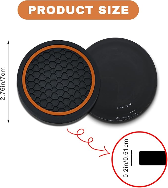 4PCS Car Cup Holder Coasters, 2.75 Inch Non-Slip Insert Cup Holder Pad, Dustproof Automotive Interior Accessories Mat, Universal for Trucks, Vehicles, RVs and More (Black/Orange)