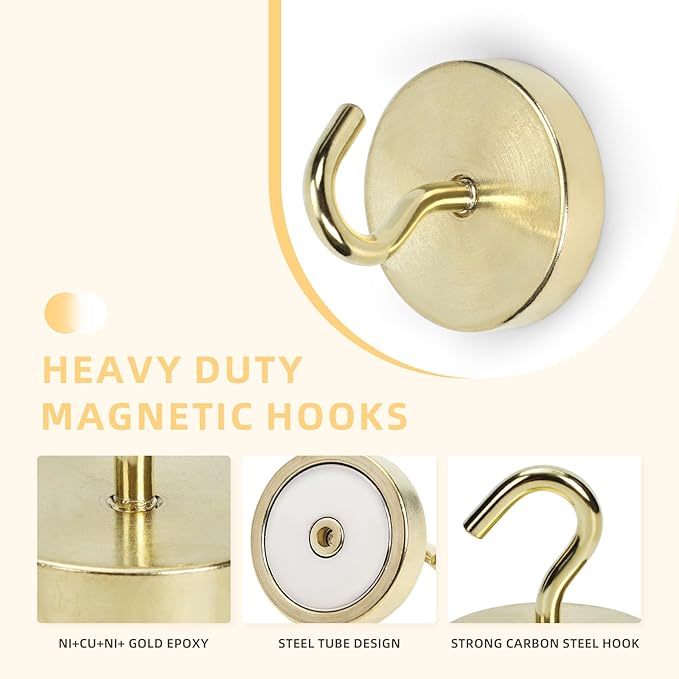 Neosmuk Magnetic Hooks, Cruise Ship Essentials, 100lb+ Heavy Duty Magnetic Hooks for Cruise Cabins, Refrigerator, Grill, Hanging, and Travel | Extra Strong Must-Have Magnet Hooks, Gold, 5 Pack
