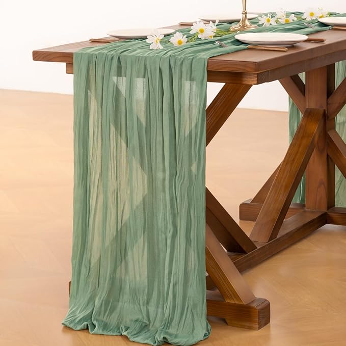 Socomi 15pcs Sage Green Cheesecloth Table Runner Summer Boho Rustic Gauze 120 inch 10FT Cheese Cloth Sheer Runner for Wedding Party Baby Shower Home Decor Holiday Decorations