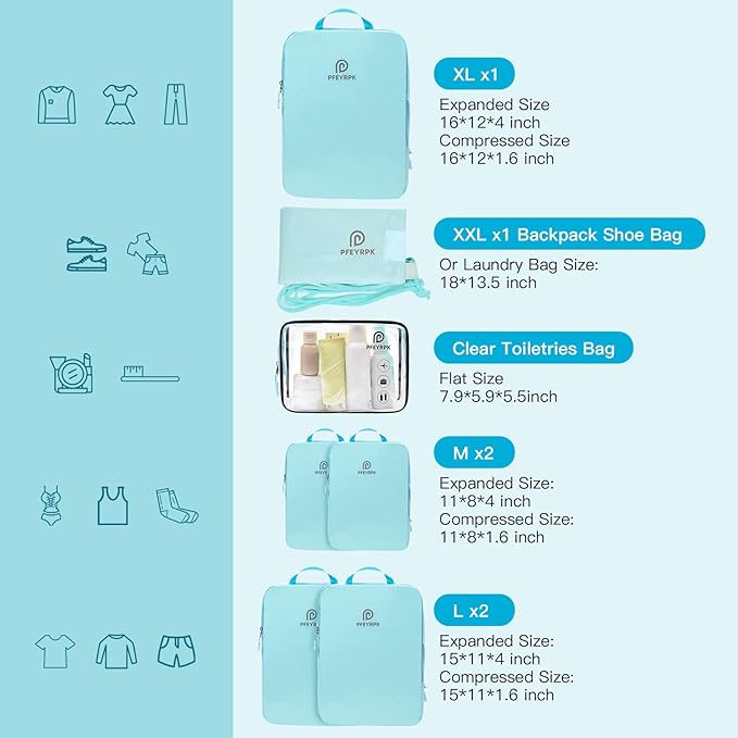 PFEYRPK Lightweight Compression Packing Cubes for Suitcases, Compressible Expandable Travel Packing Organizer with Clear Toiletry Bag and Backpack, 7 Set Travel Essentials for Carry-on Luggage