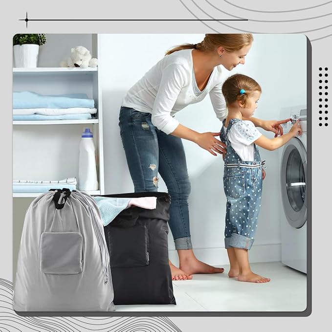 Travel Laundry bags, Dirty Clothes Travel Bag with Handles, Portable Small laundry Sack for Travelling, Suitcase, Gym, Camping (Black&Grey)