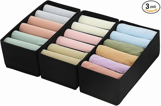 Qozary 3 Pack Sock Underwear Drawer Organizer Dividers, Non-Woven Fabric Collapsible Cabinet Closet Storage Boxes for Clothes, Socks, Lingerie, Underwear, Tie, Belt, Baby, Bedroom (Black, 6 Cells)
