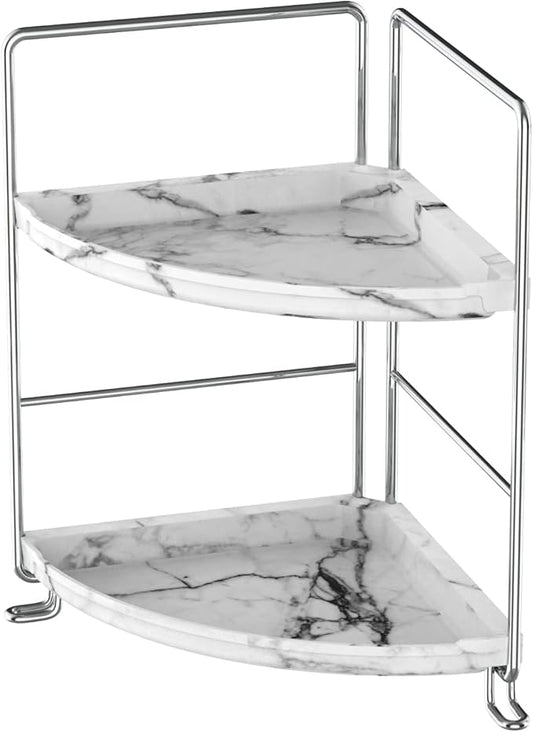 2-Tier Corner Bathroom Organizer, Countertop Perfume Makeup Shelf Cosmetics Storage Shelf Display Rack Vanity Shelf,Kitchen Spice Rack,PP Imitation Marble Design,Tool-Less Install(Silver)