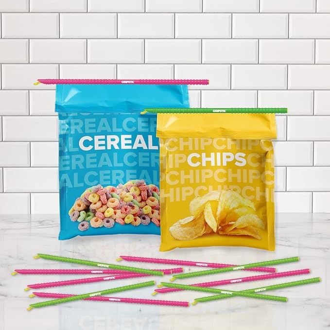 GripStic Bag Sealer. Reusable Chip Clips, Bag Clips For Food. Patented. Airtight & Waterproof Bag Clips for Food Storage. Clip Chip For Chips and Other Food Bags. (6) 11.25" and (6) 13.75" GripStics.