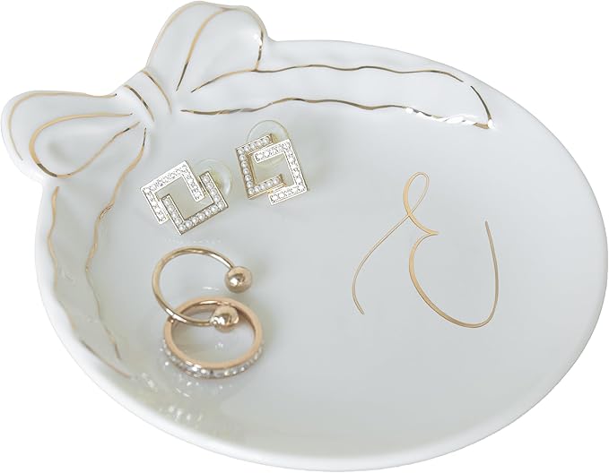 COLLECTIVE HOME - Personalized Initial Ceramic Jewelry Tray with Bow, Christmas Gift Ideas for Women, Small Gift for Girlfriend Wife, Ring Holder, Earrings Dish, Birthday Gift for Her (E)