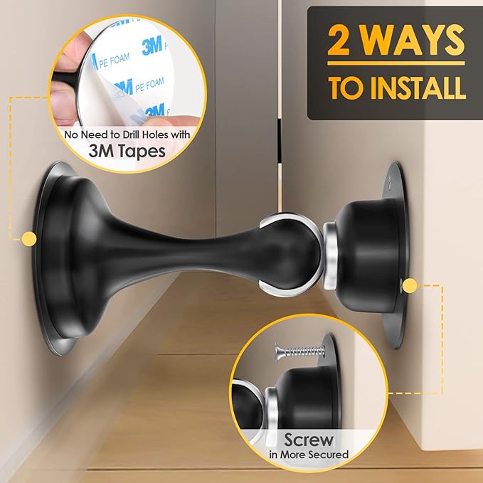 Door Stoppers Magnetic Door Catch - Stainless Steel Heavy Duty Door Holder Stops for Bottom Top of Door - Wall Floor Mounting No Drill 3D Adhesive & Screws Strong Magnet Keep Door Open 6 Pack