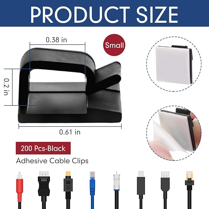 200 Pcs Outdoor Light Clips Adhesive Cable Clips for Christmas Outdoor String Lights with Adhesive Strips Patio Decor for Wall Wire Holder for Hanging Cable Management Cord Organizer (Black)