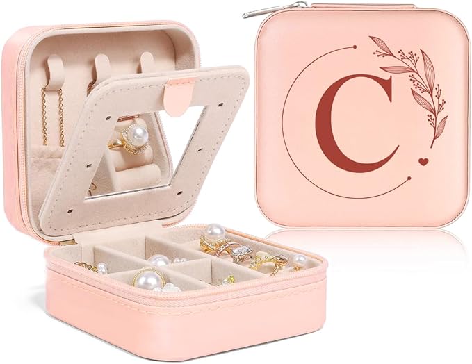 SANDJEST Personalized Jewelry Box, Pink Small Travel Jewelry Box with Initial C, Monogrammed Jewelry Case Organizer for Girls Women Teen, Mini Travel Essentials Gifts for Christmas Birthday