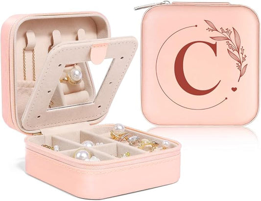 SANDJEST Personalized Jewelry Box, Pink Small Travel Jewelry Box with Initial C, Monogrammed Jewelry Case Organizer for Girls Women Teen, Mini Travel Essentials Gifts for Christmas Birthday