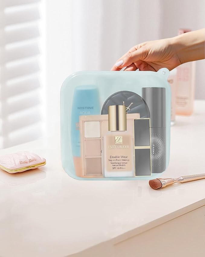 Small Clear Silicone Pouch, Mini Makeup Travel Bag Cute Make up Pouch for Purse Portable Cosmetic Case Clear Toiletry Bag for Women Coin Purse Compact Car Bag for Essentials (Blue)