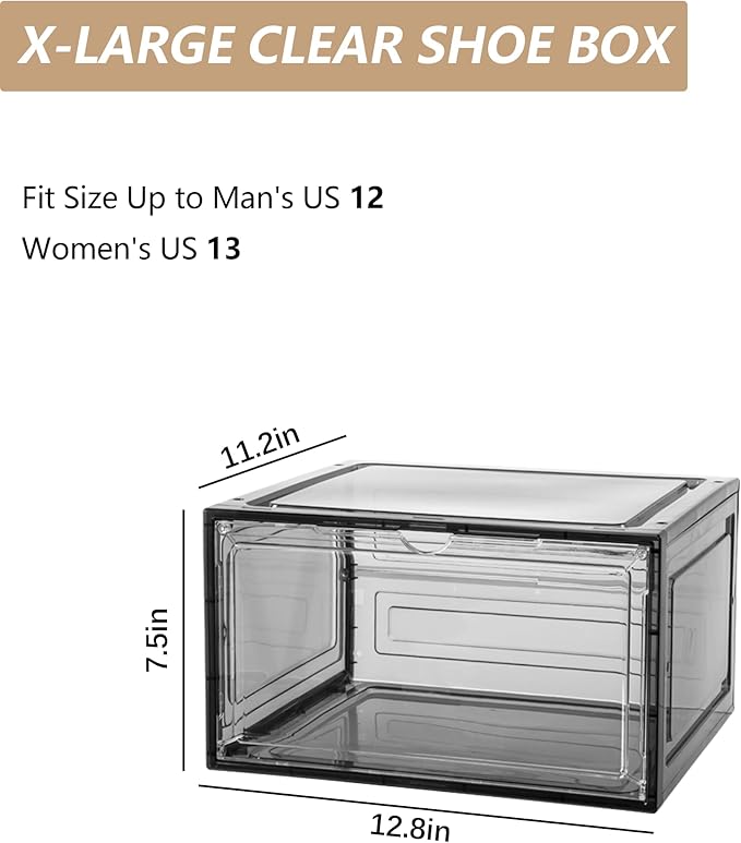 Attelite Shoe Box, Upgraded Large Clear Shoe Storage Box Stackable, 8 Pack Thicken Plastic Shoe Containers, Drop Front Large Magnetic Door, Shoe Storage Organizer for Display Sneakers