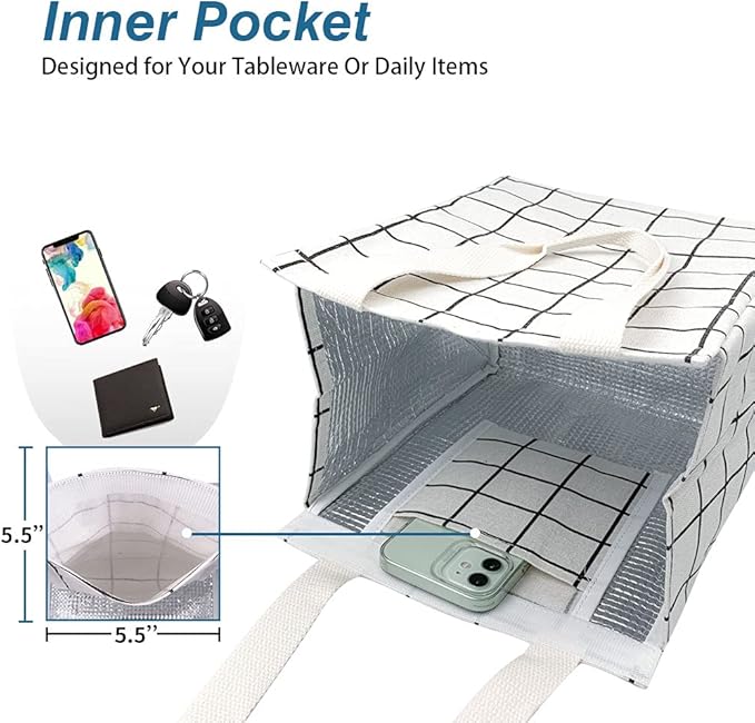 iknoe Insulated Lunch Bag for Women & Adults, 9L Foldable Wide-Open Cooler Bag with Pockets, Leakproof & Portable, for Picnic, Office, Beach (White Grid)