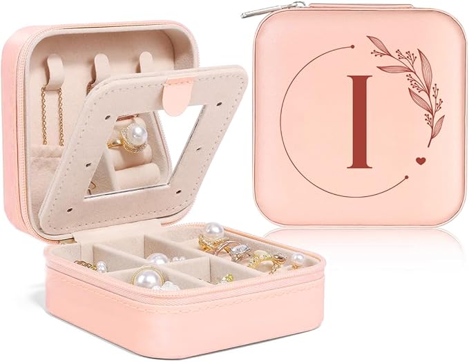 SANDJEST Personalized Jewelry Box, Pink Small Travel Jewelry Box with Initial I, Monogrammed Jewelry Case Organizer for Girls Women Teen, Mini Travel Essentials Gifts for Christmas Birthday