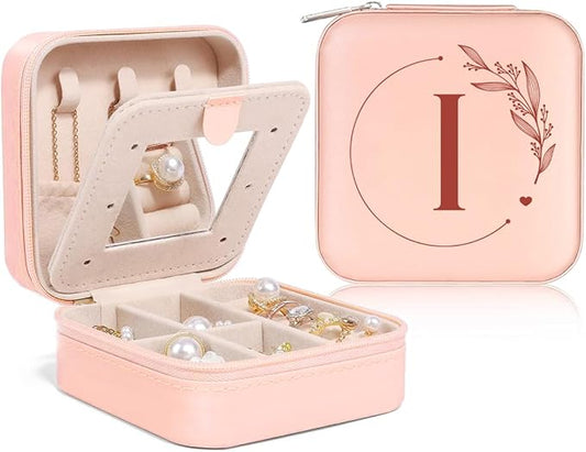 SANDJEST Personalized Jewelry Box, Pink Small Travel Jewelry Box with Initial I, Monogrammed Jewelry Case Organizer for Girls Women Teen, Mini Travel Essentials Gifts for Christmas Birthday
