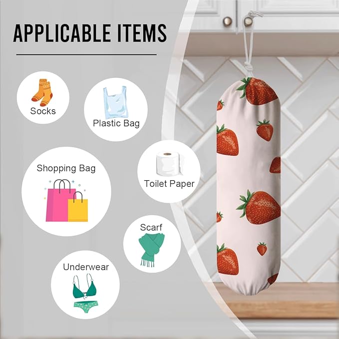 Strawberry Plastic Bag Holder, Grocery Bags Storage Organizer, Reusable Shopping Bags Holder Dispenser, Summer Home Decor, Farmhouse Kitchen Decor Gifts for Women, Kitchen Pattern Garbage Bag 41