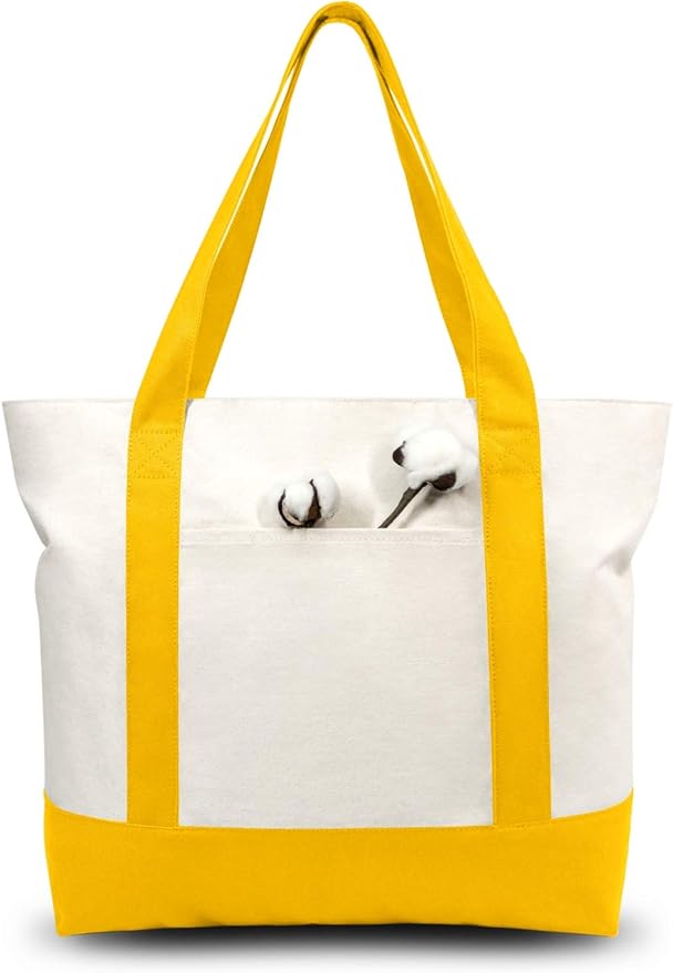 TOPDesign 1-Pack Canvas Tote Bag with an External Pocket, Reusable Grocery Shopping Bag, Top Zipper Closure, Daily Essentials (Yellow/Natural)