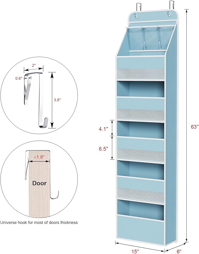 Univivi 6-Shelf Over Door Hanging Organizer Fabric Baby Door Storage with 5 Large Pockets and 3 Small PVC Pockets Wall Mount Hanging Storage Organizers for Baby Essential (Blue)