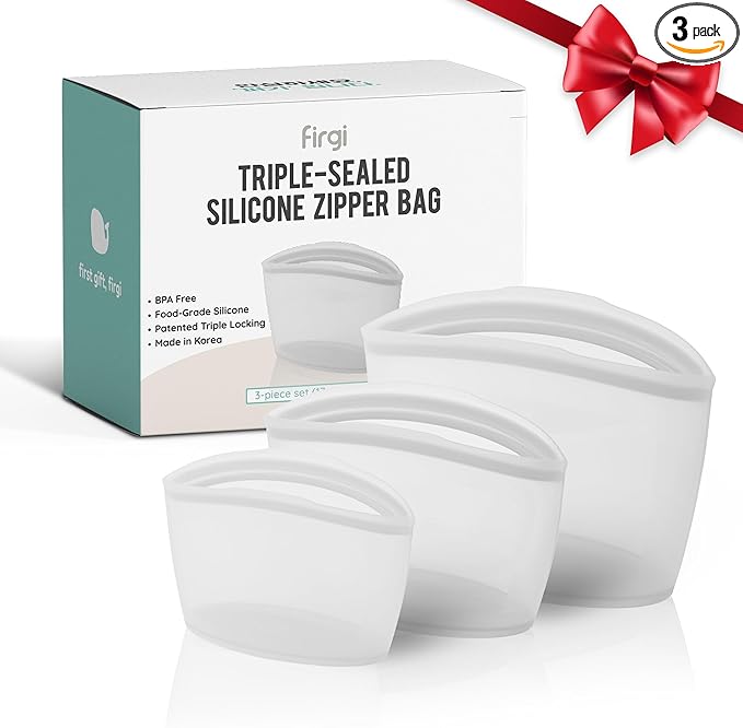 Premium Platinum Silicone Reusable Food Storage Bags 3-Pack (17 fl oz + 29 fl oz + 51 fl oz), Airtight Zip Lock Bags for Food, BPA-Free Silicone Freezer Bags, Microwave Safe, White