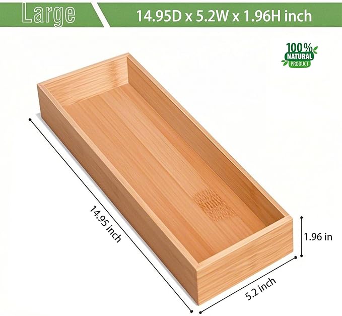 Bamboo Drawer Organizer, Utensil Organizer for Kitchen, Bamboo Storage Box Wood Silverware Tray for Drawer (Set of 4)