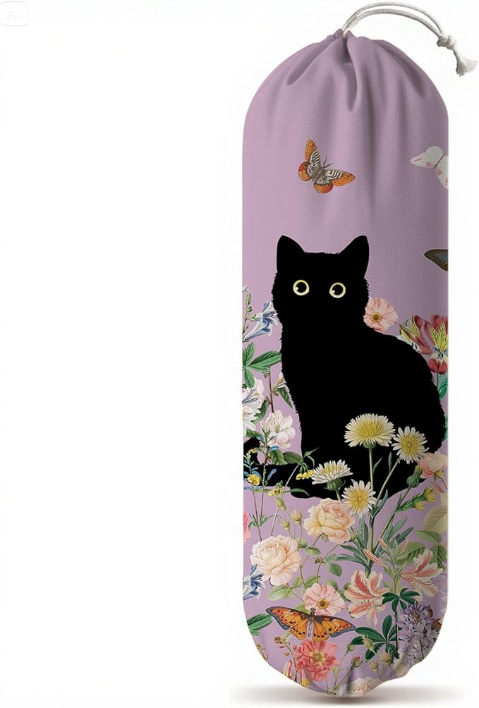 Plastic Bag Holder, Grocery Bag Organizer Storage, Kitchen Dispenser Holders Reusable Shopping with Free Adjustment Drawstring Closure for Home Kitchen Decor, Flower Cat