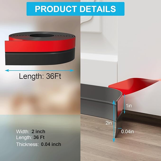 36FT Weather Stripping Door Seal - 2" Silicone Door Draft Seal Tape for Gaps Under Door Weatherstripping Sweep Stopper for Bottom of Shower Door/Sliding Glass Door