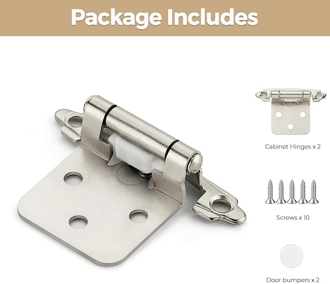 2 Pack 1 Pair Brushed Nickel Cabinet Hinges - 1/2 inch Overlay Kitchen Cabinet Hinges, Semi-Concealed Hinges, Self Closing Cabinet Door Hinges with Door Bumper, Silver Face Mount Cabinet Hardware