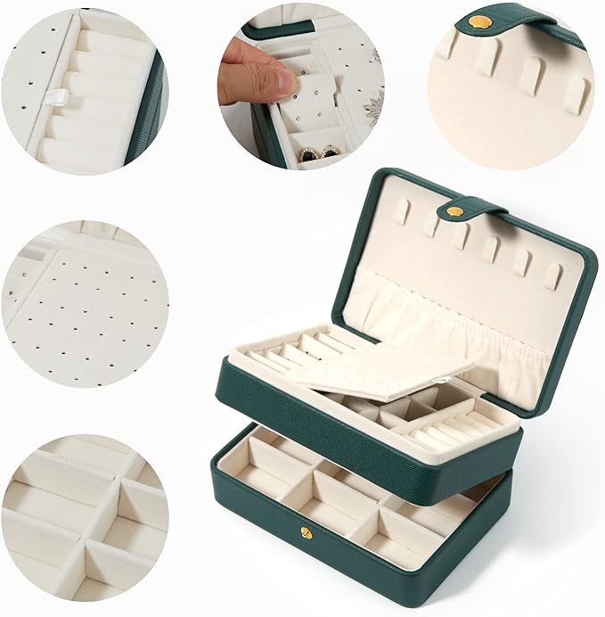 Jewelry Box for Women and Girls, PU Leather Made Jewelry Organizer, 3 Layers Jewelry Storage for Rings, Earings, Necklaces, Bracelets, Valentines Day Gifts (Green+Small)