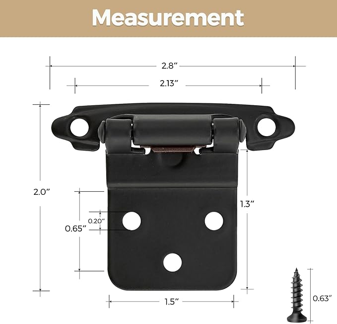 2 Pack 1 Pair Black Cabinet Hinges - 3/8 inch Inset Kitchen Cabinet Hinges, Semi-Concealed Hinges, Self Closing Cabinet Door Hinges with Door Bumper Flush Face Mount Cupboard Hardware