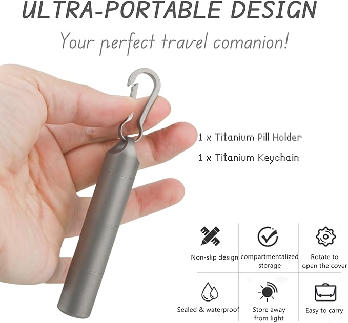 Titanium Keychain Pill Holder - Compact, Durable, and Waterproof 3-Compartment Small Pill Case - Portable and Versatile Medicine Container for Everyday Use and Travel (Titanium Grey)