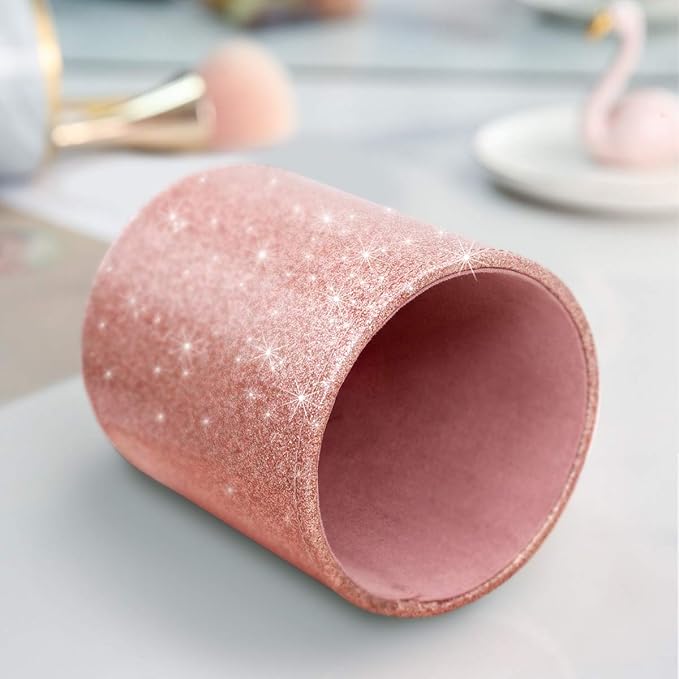 WAVEYU Pen Holder for Desk, Pencil Cup Pink Glitter Bling for Women Girls, Luxury Makeup Brush Holder Large Pu Leather Multi-Functional Organizer Cup for Office, Classroom, Home, Rose Gold